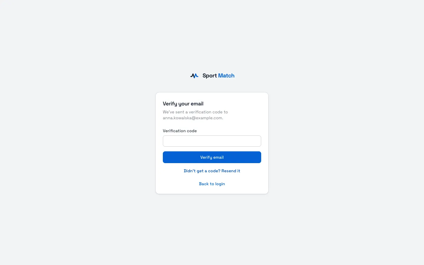 Sport Match screenshot: Check your inbox for an email with a code. Type it into Verification code and choose Verify email. No code? Look in your spam folder, or choose Didn’t get a code? Resend it.