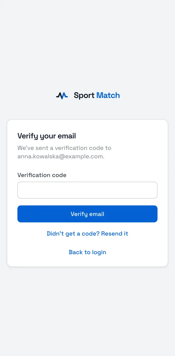 Sport Match screenshot: Check your inbox for an email with a code. Type it into Verification code and choose Verify email. No code? Look in your spam folder, or choose Didn’t get a code? Resend it.