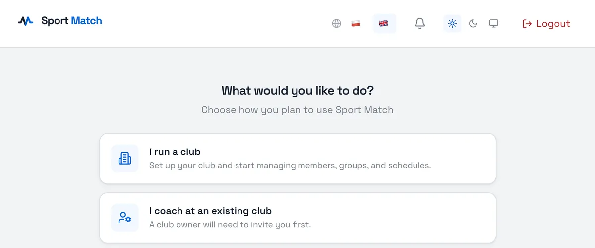 Sport Match screenshot: When asked What would you like to do?, choose I run a club.