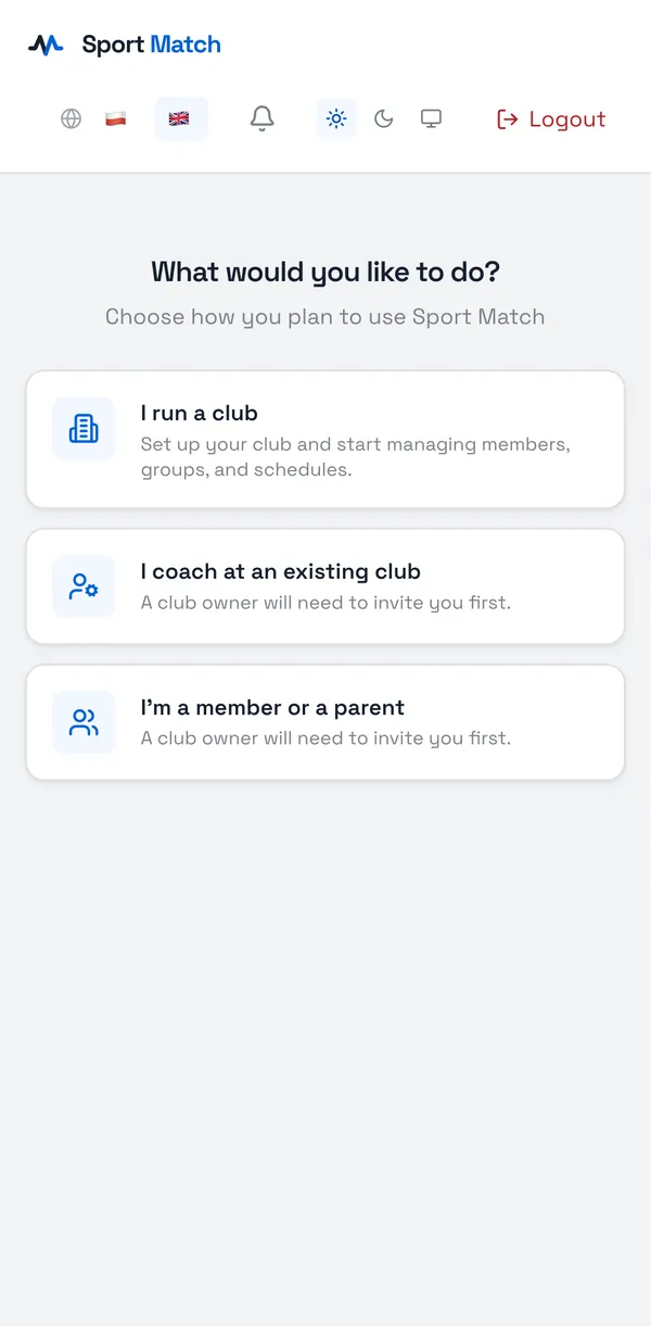 Sport Match screenshot: When asked What would you like to do?, choose I run a club.
