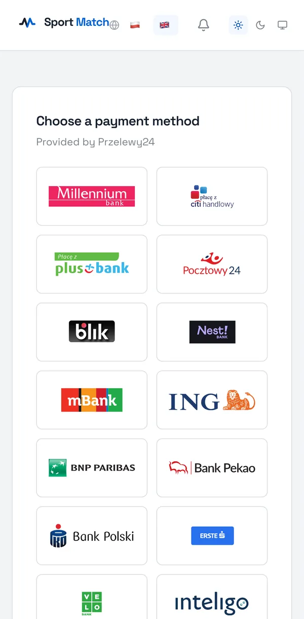 Sport Match screenshot: Pick your bank or BLIK under Choose a payment method (payments are handled by Przelewy24). You are taken to the payment page — pay as you normally would with your bank.