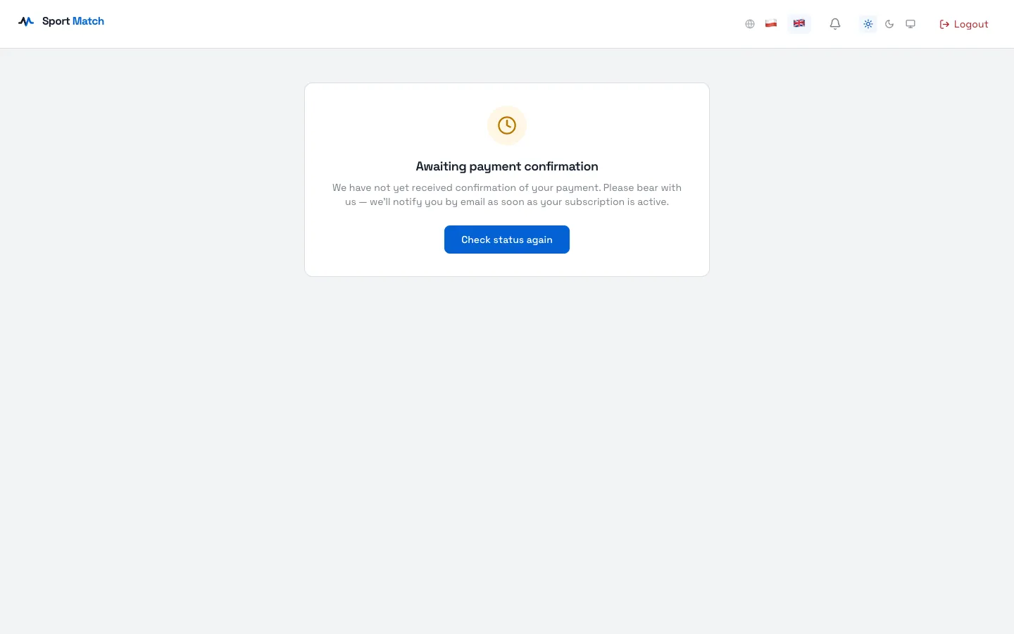Sport Match screenshot: The “Awaiting payment confirmation” screen — the bank hasn’t confirmed the payment yet.
