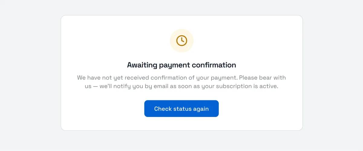 Sport Match screenshot: The “Awaiting payment confirmation” screen — the bank hasn’t confirmed the payment yet.