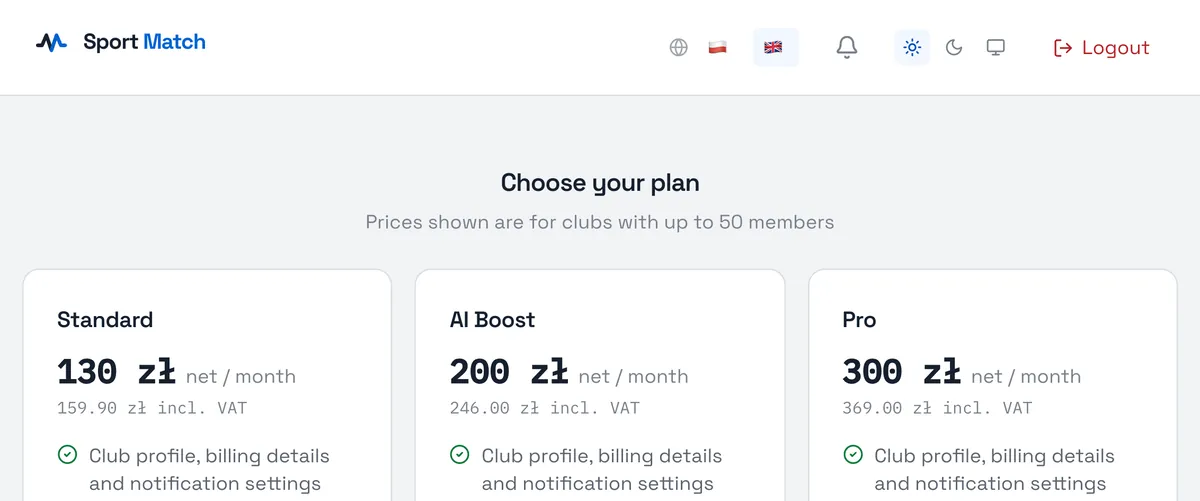 Sport Match screenshot: Compare the plans and choose Choose this plan on the one you want. Prices are net (23% VAT is added) and cover clubs with up to 50 members; every further 50 members is +30 PLN net a month.
