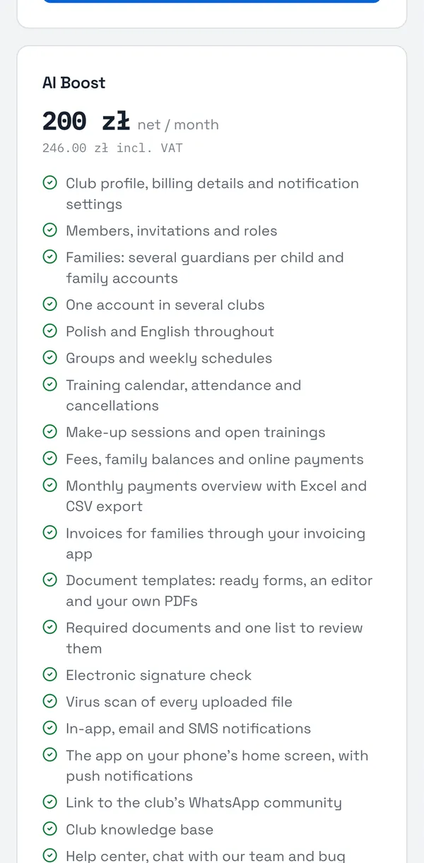 Sport Match screenshot: Compare the plans and choose Choose this plan on the one you want. Prices are net (23% VAT is added) and cover clubs with up to 50 members; every further 50 members is +30 PLN net a month.