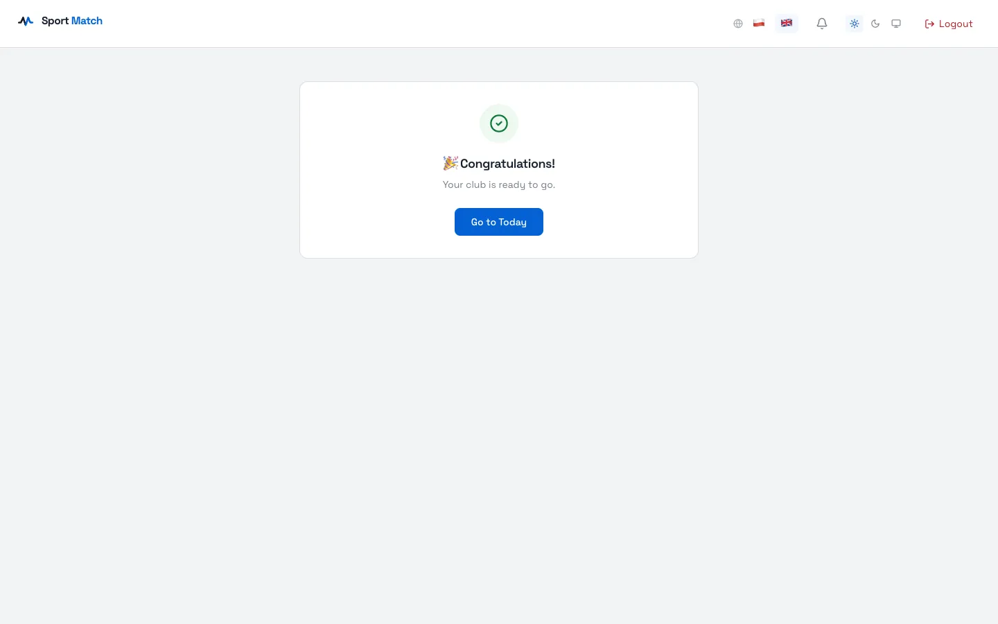 Sport Match screenshot: Back from the payment you’ll see 🎉 Congratulations!. Choose Go to Today — your club is ready.