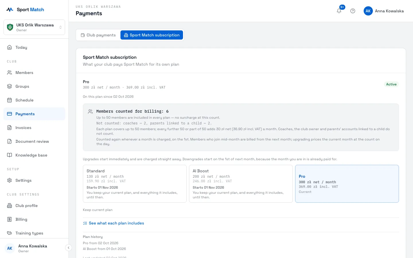 Sport Match screenshot: Click Change plan. Each plan shows when it would start and what you would pay.