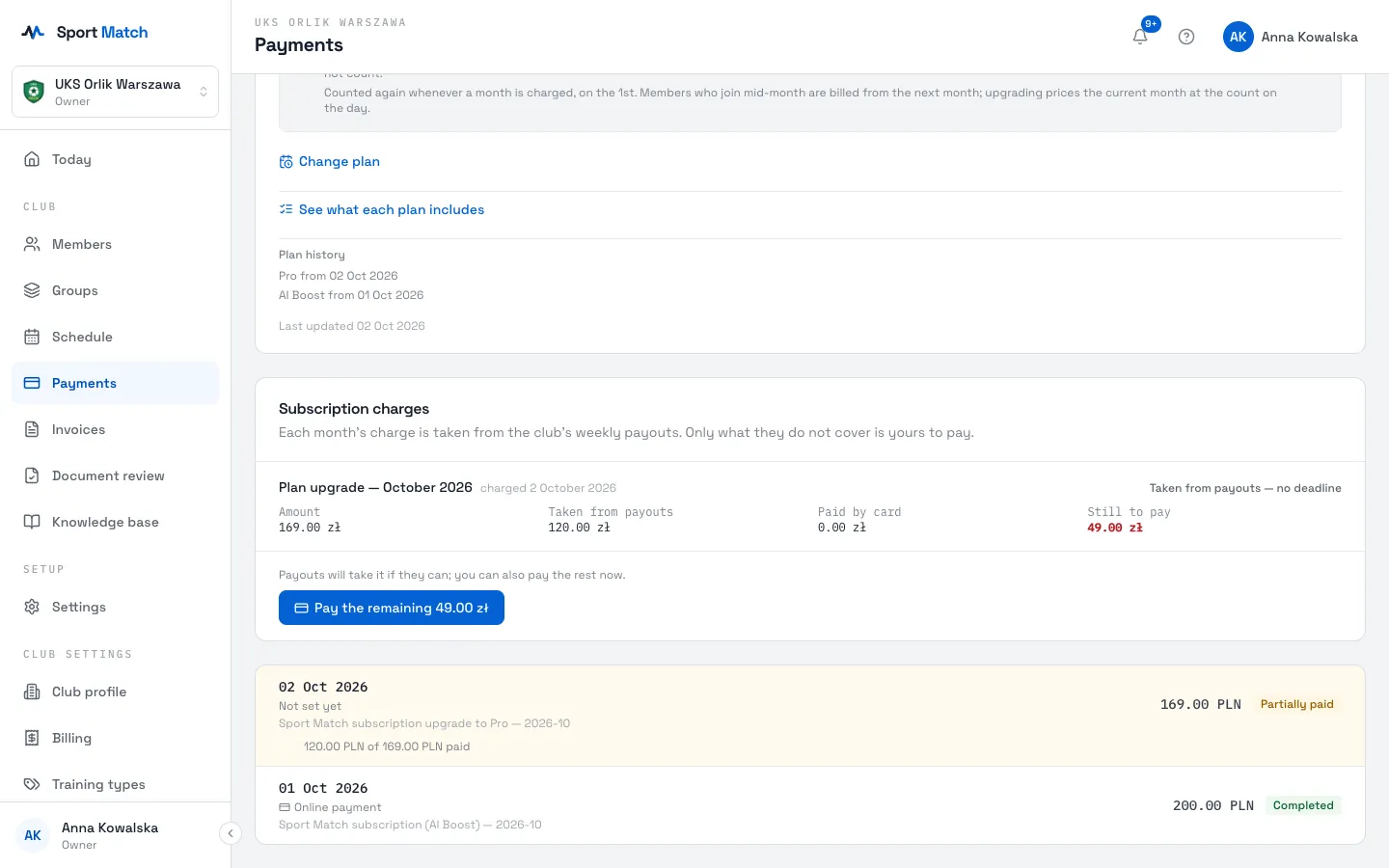 Sport Match screenshot: Under Payments, on the Sport Match subscription tab, the Subscription charges card shows for each charge: the Amount, what was Taken from payouts, what was Paid by card and what is Still to pay. Next to it is the deadline — “Pay by … or the club is paused” — or, for charges from before deadlines applied, “Taken from payouts — no deadline”.