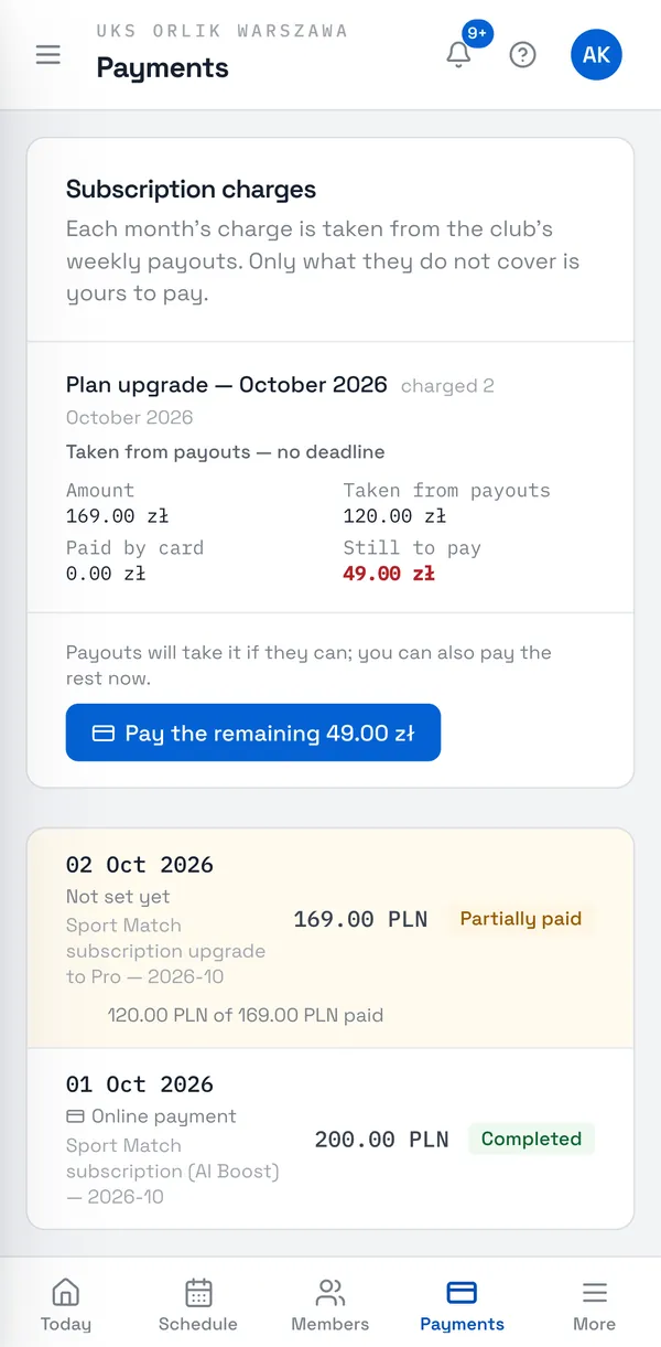 Sport Match screenshot: Under Payments, on the Sport Match subscription tab, the Subscription charges card shows for each charge: the Amount, what was Taken from payouts, what was Paid by card and what is Still to pay. Next to it is the deadline — “Pay by … or the club is paused” — or, for charges from before deadlines applied, “Taken from payouts — no deadline”.