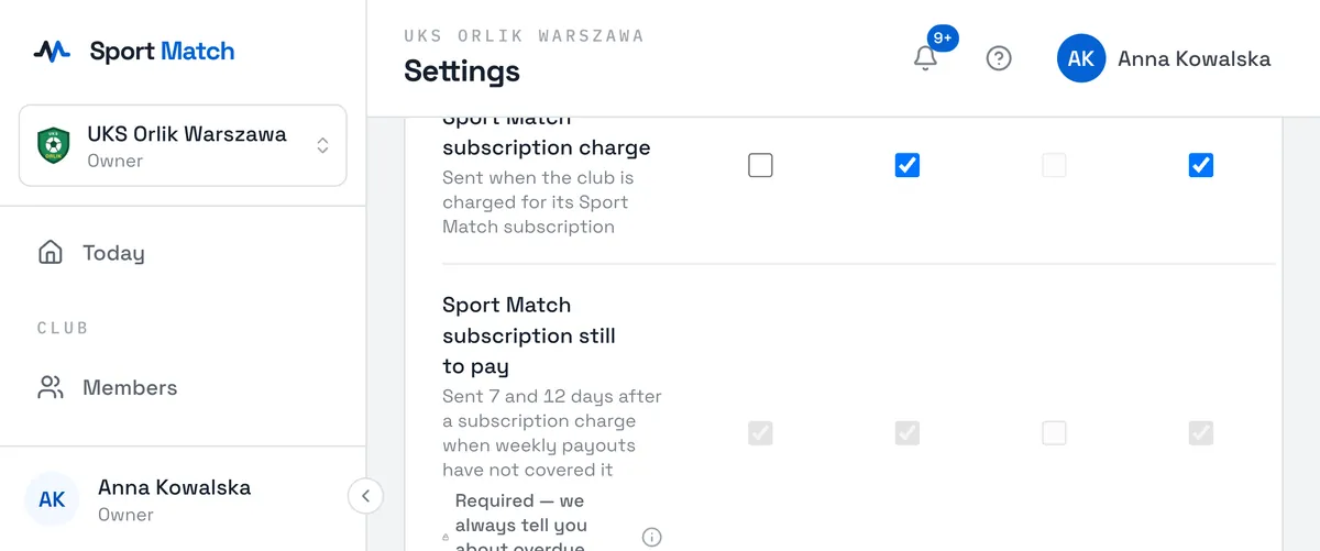 Sport Match screenshot: The subscription notifications in your settings — ticked and locked.