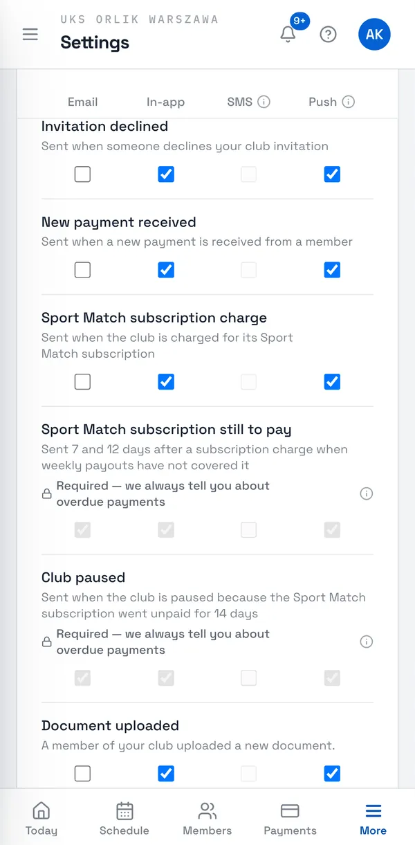 Sport Match screenshot: The subscription notifications in your settings — ticked and locked.