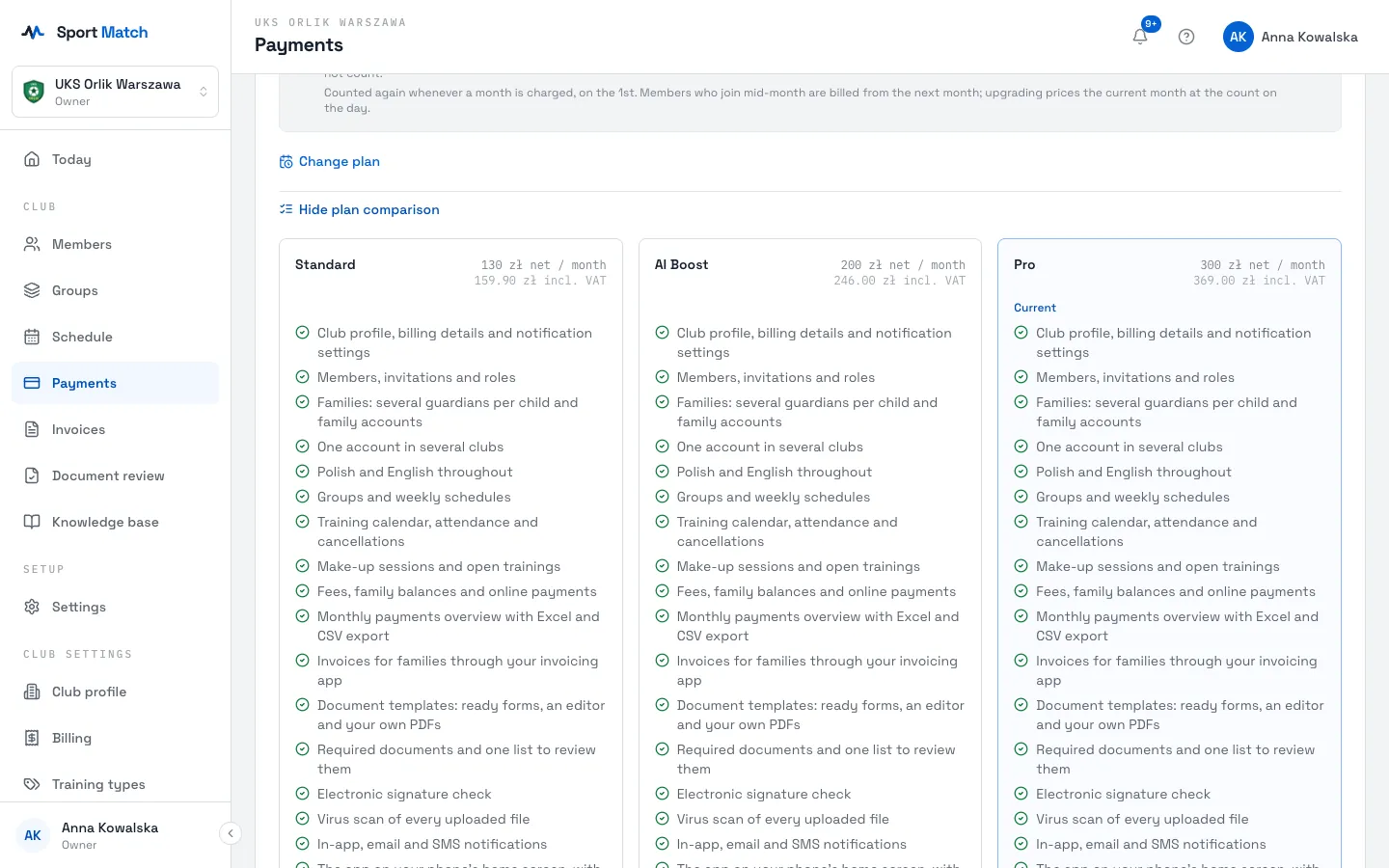 Sport Match screenshot: The plan comparison under “See what each plan includes”.
