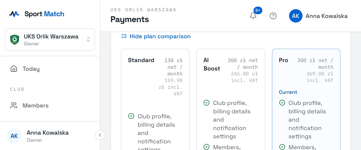 Sport Match screenshot: The plan comparison under “See what each plan includes”.