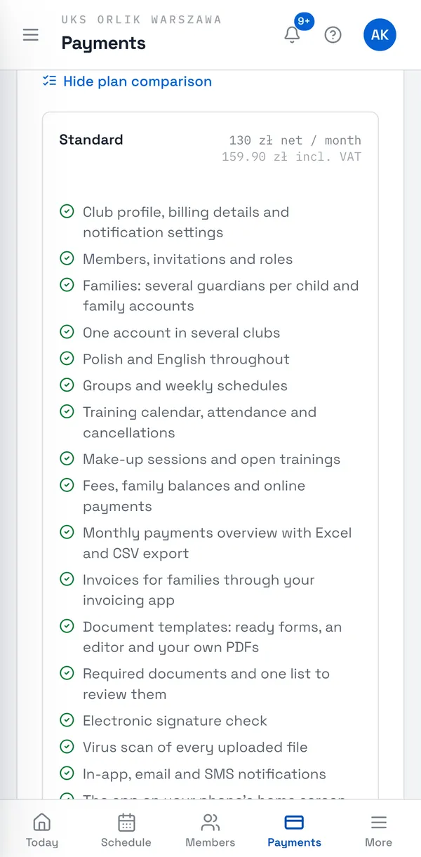 Sport Match screenshot: The plan comparison under “See what each plan includes”.