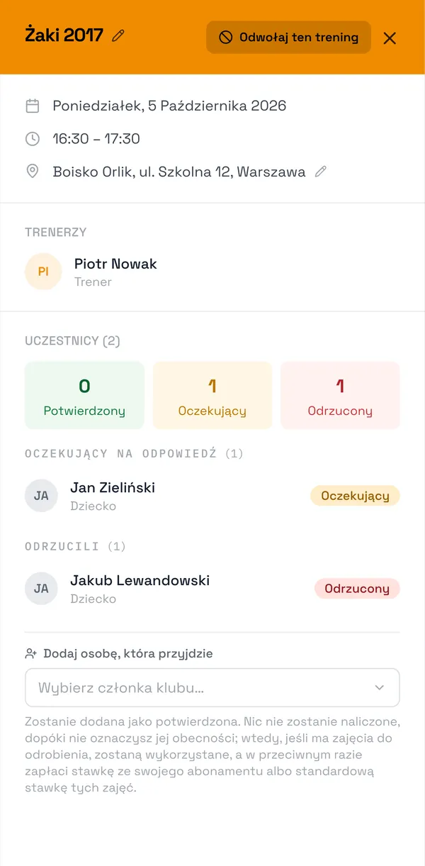 Zrzut ekranu Sport Match: Nadchodzące zajęcia: jeden zawodnik czeka na odpowiedź, jeden odwołał.