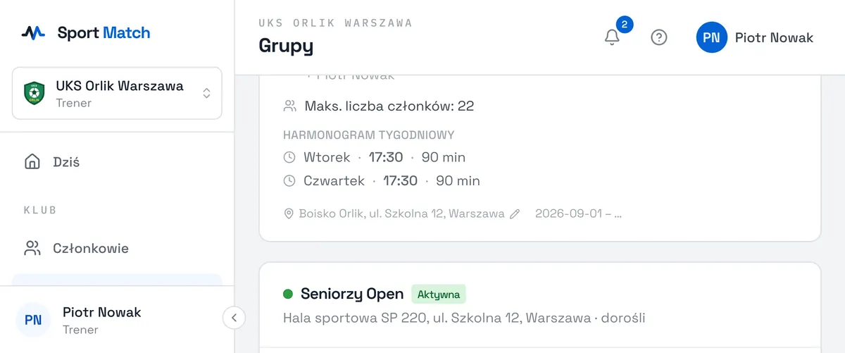 Zrzut ekranu Sport Match: Przy adresie grupy kliknij ikonę ołówka — Edytuj lokalizację.
