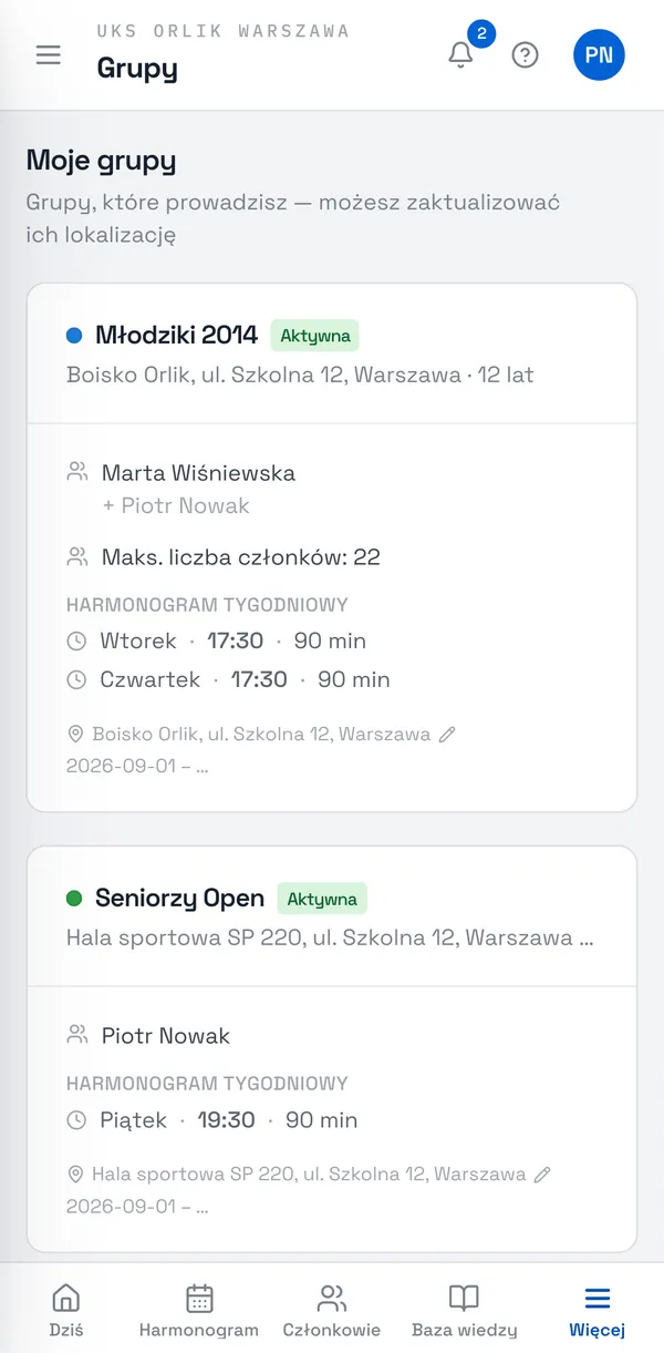 Zrzut ekranu Sport Match: Przy adresie grupy kliknij ikonę ołówka — Edytuj lokalizację.