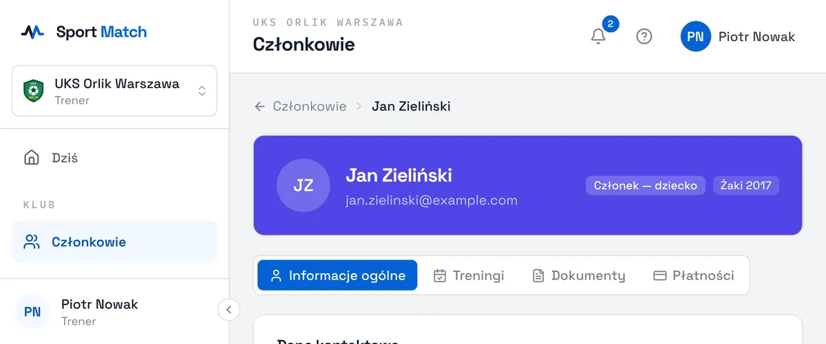 Zrzut ekranu Sport Match: Karta zawodnika z danymi kontaktowymi i rodzicami.