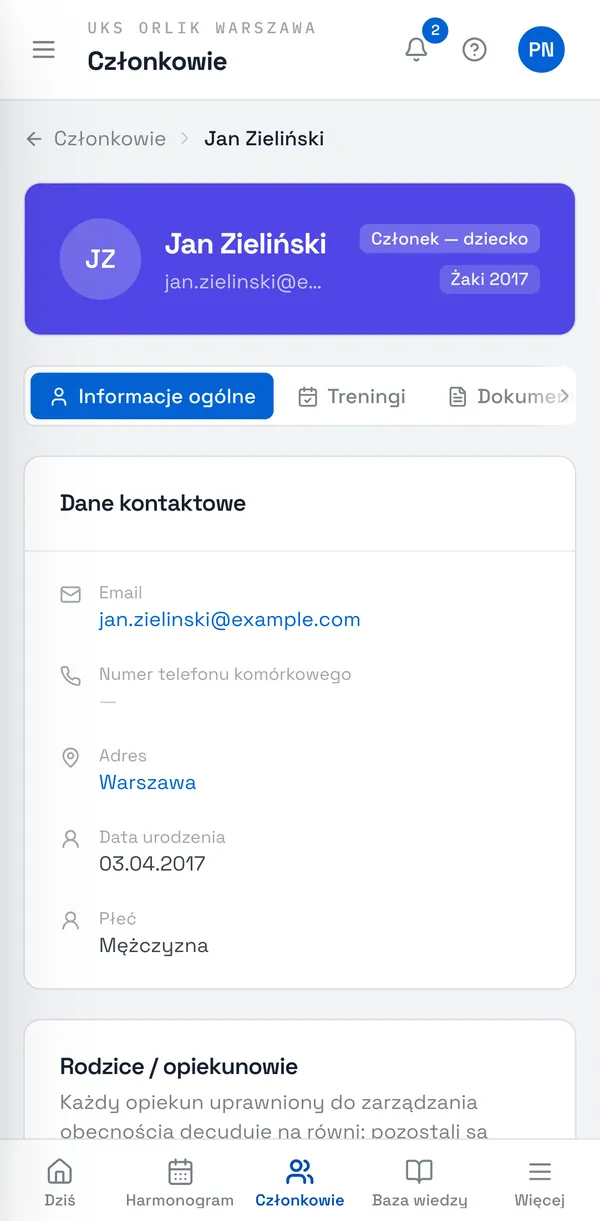 Zrzut ekranu Sport Match: Karta zawodnika z danymi kontaktowymi i rodzicami.