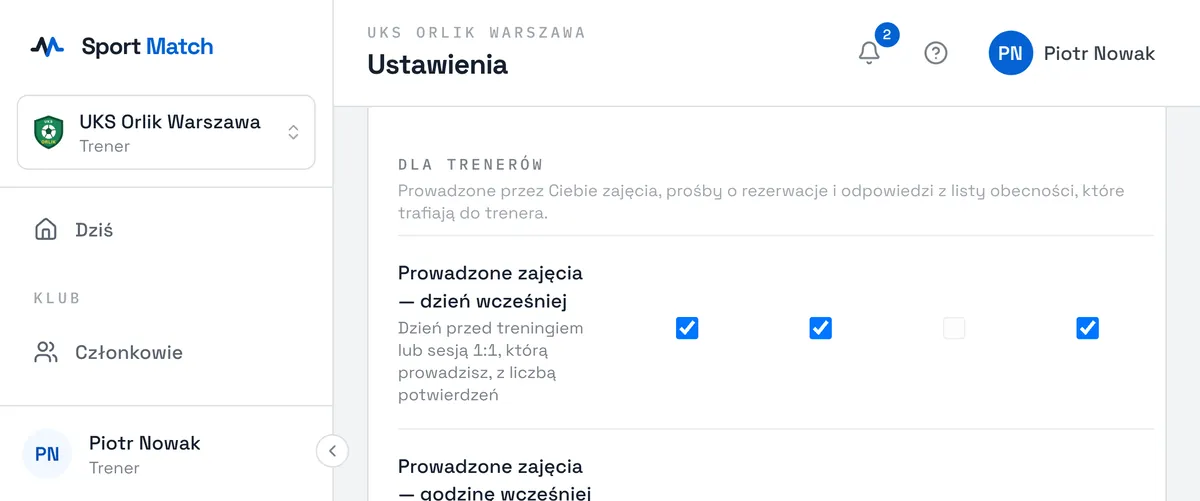 Zrzut ekranu Sport Match: Ustawienia powiadomień — grupa „Dla trenerów”.