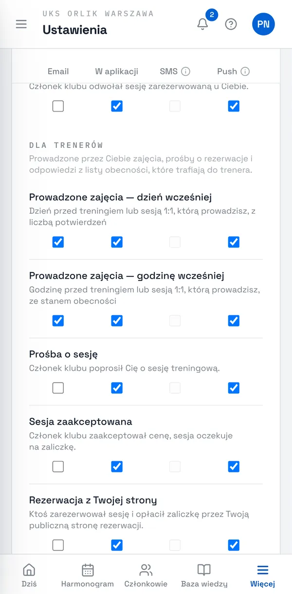 Zrzut ekranu Sport Match: Ustawienia powiadomień — grupa „Dla trenerów”.
