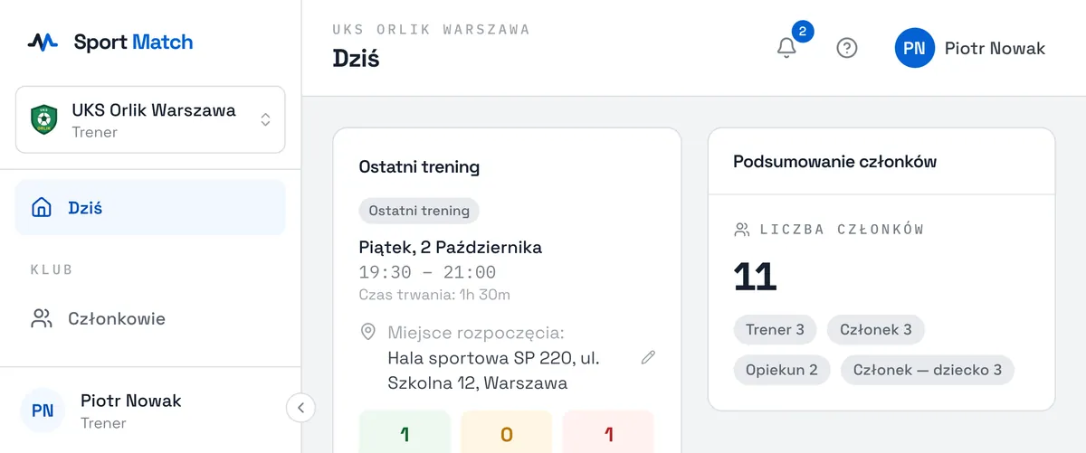 Zrzut ekranu Sport Match: Widok Dziś trenera: najbliższy trening i dzisiejszy harmonogram.