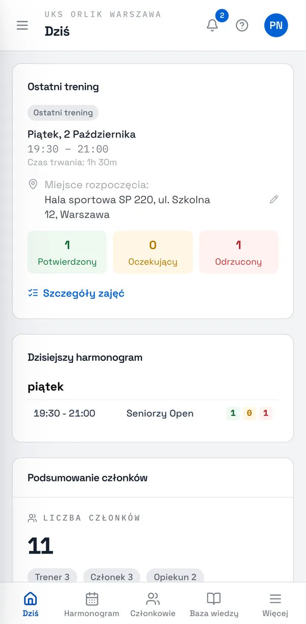 Zrzut ekranu Sport Match: Widok Dziś trenera: najbliższy trening i dzisiejszy harmonogram.