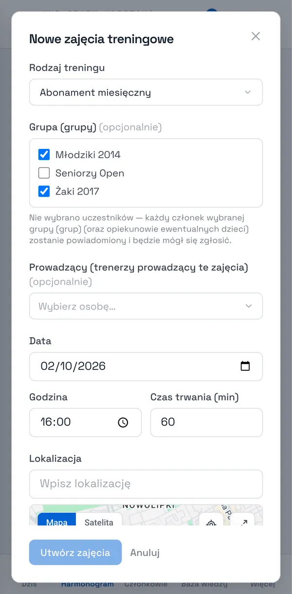 Zrzut ekranu Sport Match: Zaznacz jedną lub kilka grup w Grupa (grupy), a pole Uczestnicy zostaw puste. Pod listą grup pojawi się informacja, że wszyscy członkowie tych grup (i rodzice dzieci) dostaną powiadomienie i będą mogli się zgłosić.