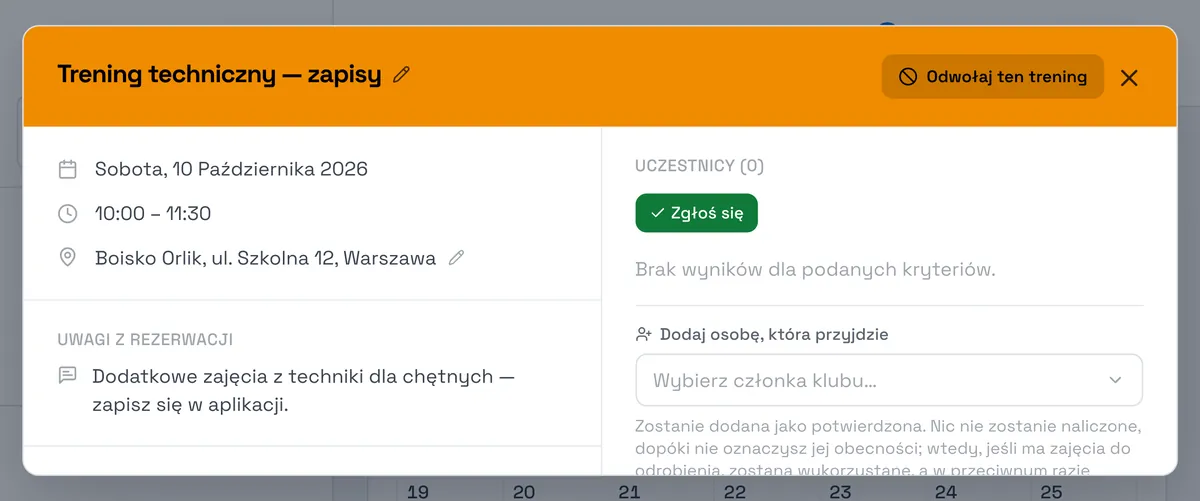 Zrzut ekranu Sport Match: Zajęcia otwarte w harmonogramie.