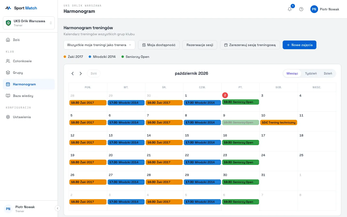 Zrzut ekranu Sport Match: Otwórz Harmonogram. Na górze wybierz, co pokazać: Wszystkie moje treningi jako trenera (domyślnie) albo Wszystkie wydarzenia klubu.