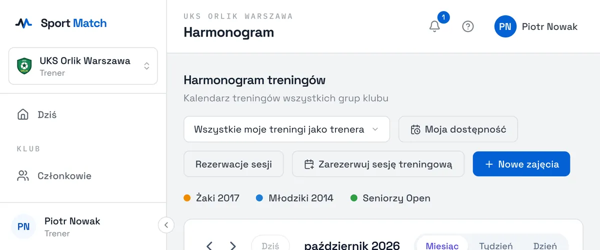 Zrzut ekranu Sport Match: Otwórz Harmonogram. Na górze wybierz, co pokazać: Wszystkie moje treningi jako trenera (domyślnie) albo Wszystkie wydarzenia klubu.