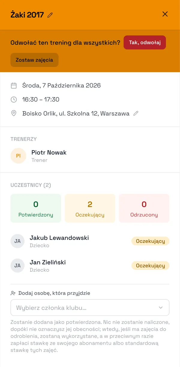 Zrzut ekranu Sport Match: Potwierdź pytanie Odwołać ten trening dla wszystkich? przyciskiem Tak, odwołaj. Uczestnicy i pozostali trenerzy dostaną powiadomienie Trening odwołany.