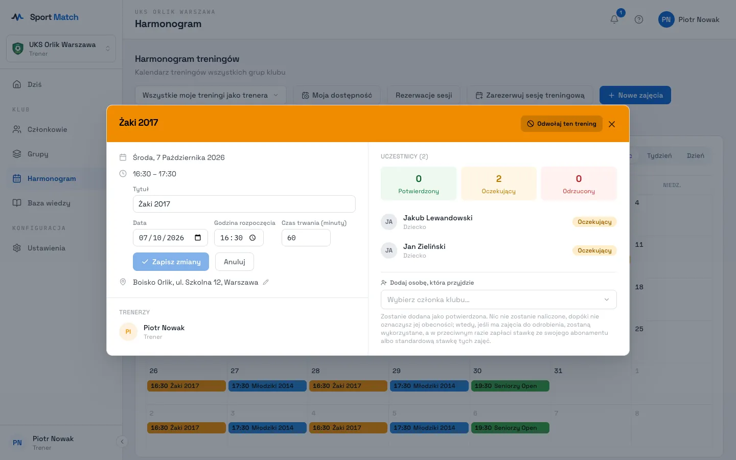 Zrzut ekranu Sport Match: Zmień Tytuł, Data, Godzina rozpoczęcia lub Czas trwania (minuty) i kliknij Zapisz zmiany.