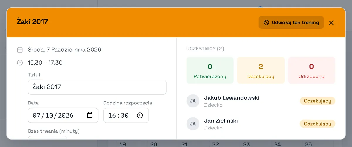 Zrzut ekranu Sport Match: Zmień Tytuł, Data, Godzina rozpoczęcia lub Czas trwania (minuty) i kliknij Zapisz zmiany.
