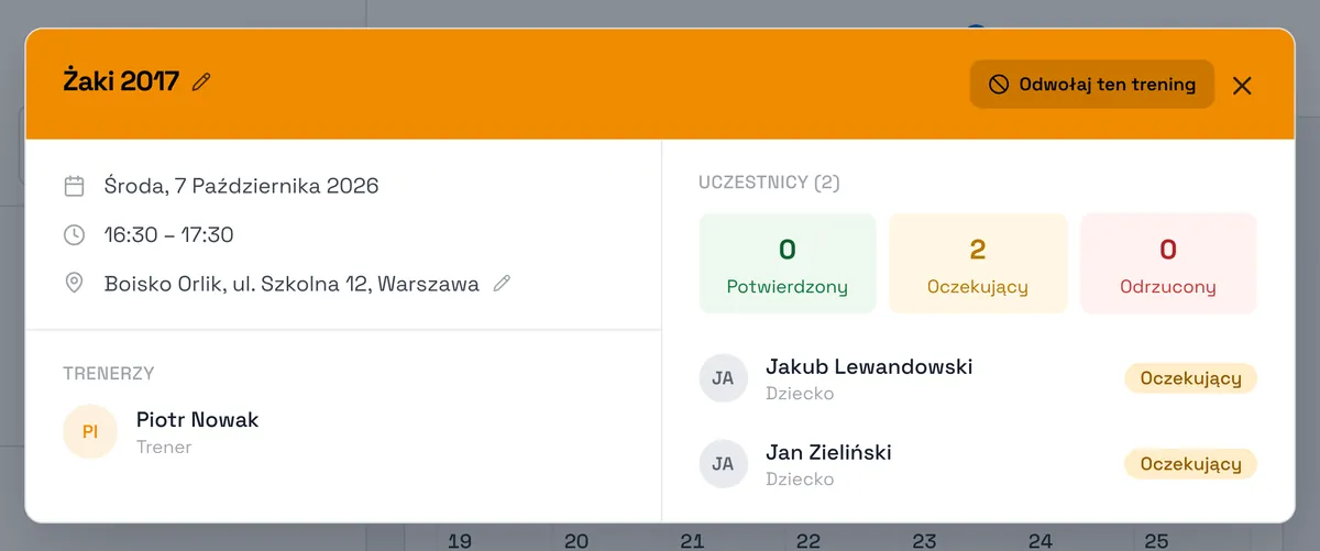 Zrzut ekranu Sport Match: Kliknij zajęcia w kalendarzu. W nagłówku, obok nazwy, jest ołówek Edytuj datę, godzinę i czas trwania.