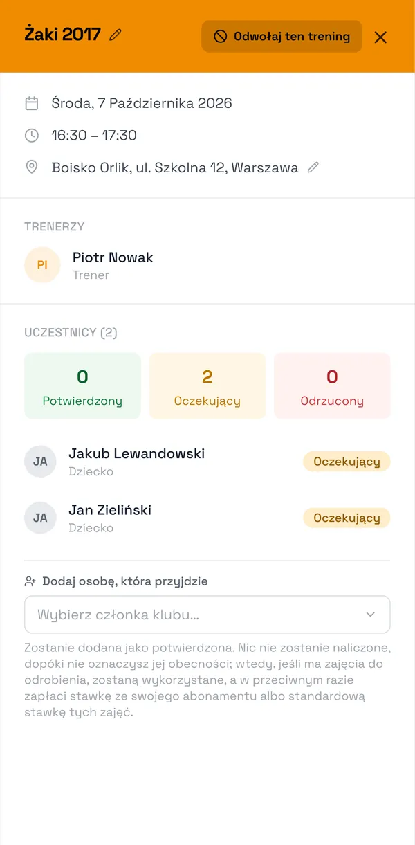 Zrzut ekranu Sport Match: Kliknij zajęcia w kalendarzu. W nagłówku, obok nazwy, jest ołówek Edytuj datę, godzinę i czas trwania.