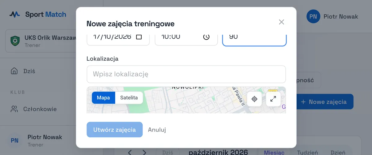 Zrzut ekranu Sport Match: Ustaw Data, Godzina, Czas trwania (min) i Lokalizacja (jeśli zajęcia kończą się gdzie indziej, zaznacz Ustaw inną lokalizację końcową). Dodaj Opis, np. „Sparing”.