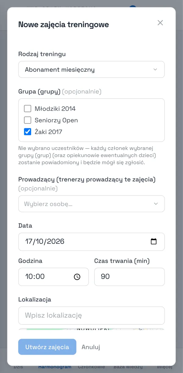 Zrzut ekranu Sport Match: Wybierz Rodzaj treningu — od niego zależy, ile zapłacą uczestnicy. Zaznacz Grupa (grupy), jeśli zajęcia są dla konkretnej grupy.