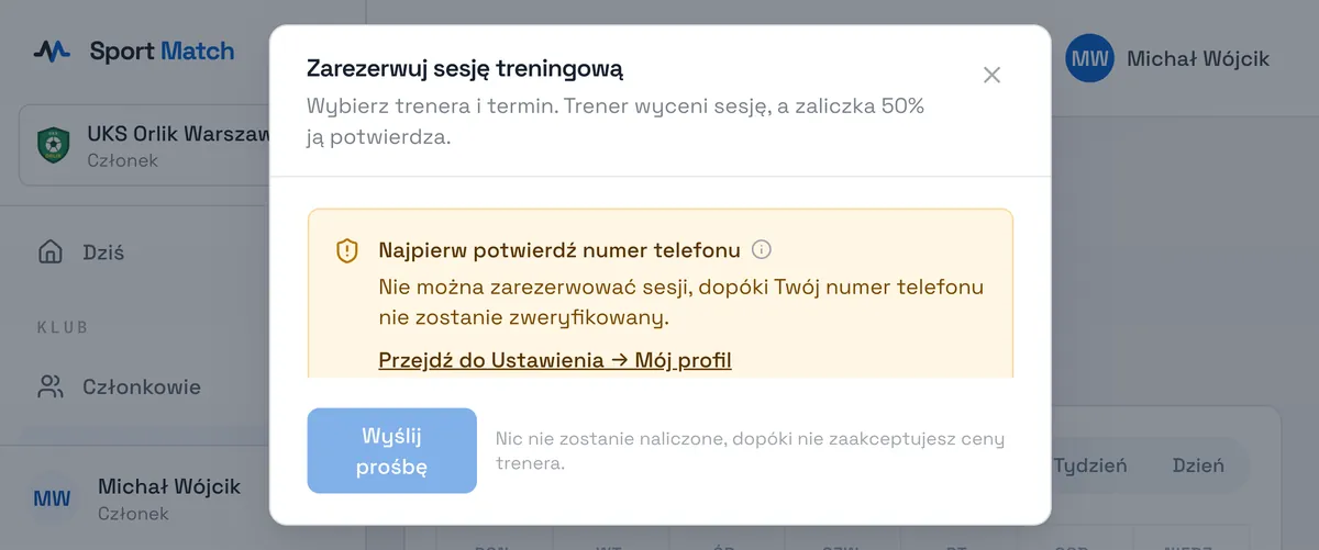 Zrzut ekranu Sport Match: Okno rezerwacji z prośbą o weryfikację numeru telefonu.
