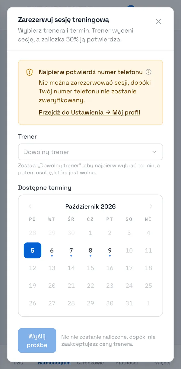 Zrzut ekranu Sport Match: Okno rezerwacji z prośbą o weryfikację numeru telefonu.