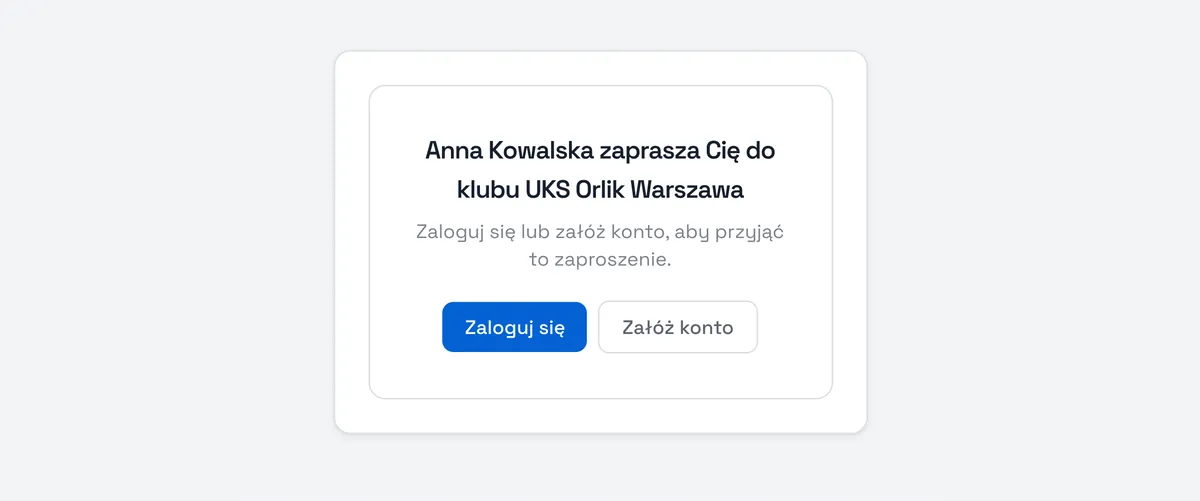 Zrzut ekranu Sport Match: Otwórz link z zaproszenia albo zeskanuj kod QR aparatem telefonu. Zobaczysz nazwę klubu i to, kto Cię zaprasza.