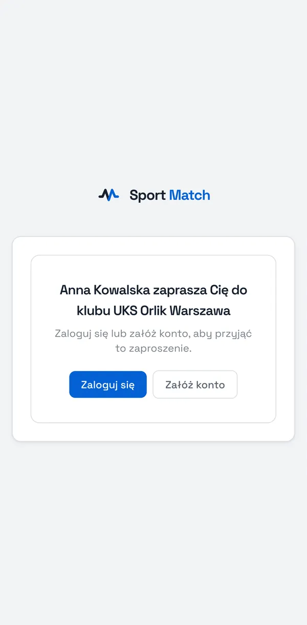 Zrzut ekranu Sport Match: Otwórz link z zaproszenia albo zeskanuj kod QR aparatem telefonu. Zobaczysz nazwę klubu i to, kto Cię zaprasza.