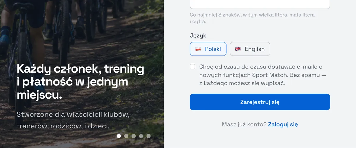 Zrzut ekranu Sport Match: Wpisz Adres e-mail i Hasło (co najmniej 8 znaków, w tym wielka litera, mała litera i cyfra). Numer telefonu jest opcjonalny. Wybierz język i kliknij Zarejestruj się.