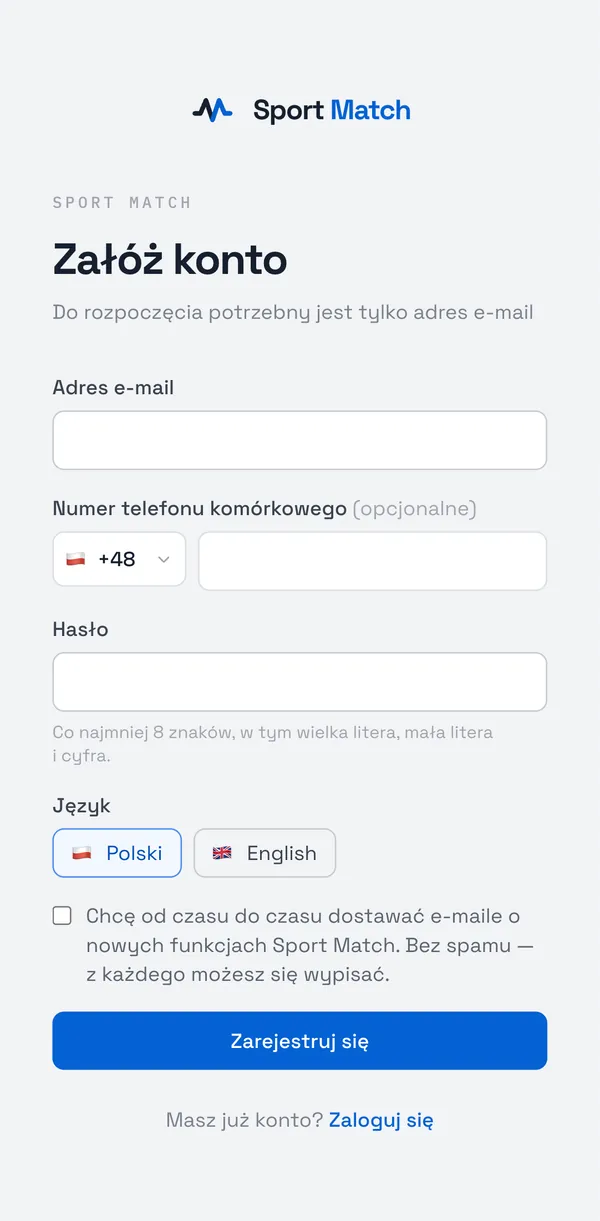 Zrzut ekranu Sport Match: Wpisz Adres e-mail i Hasło (co najmniej 8 znaków, w tym wielka litera, mała litera i cyfra). Numer telefonu jest opcjonalny. Wybierz język i kliknij Zarejestruj się.