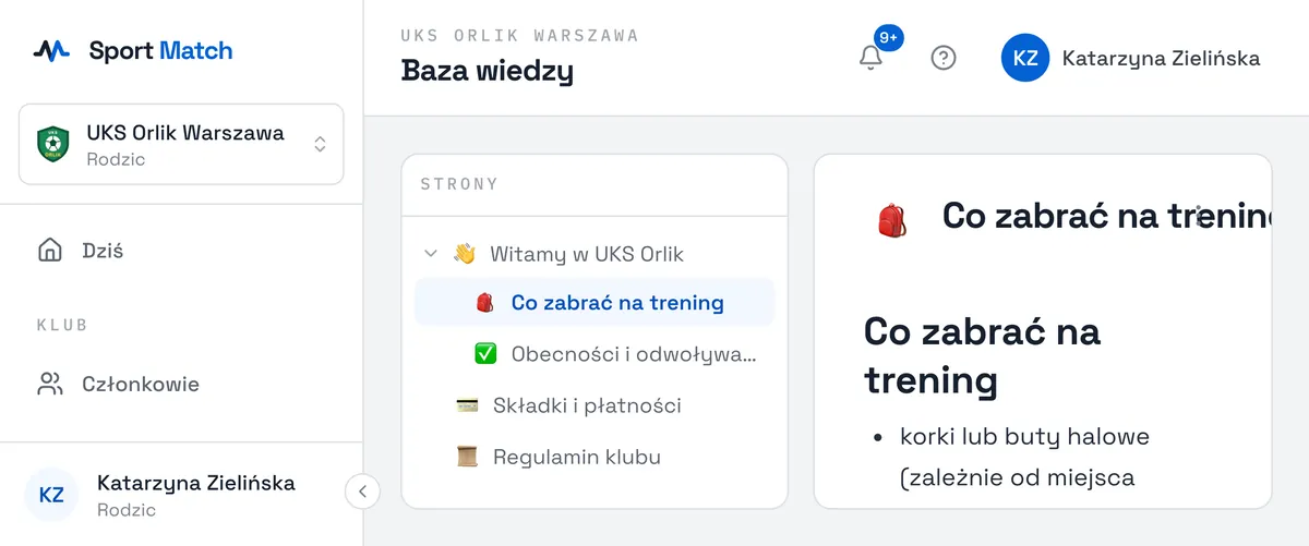 Zrzut ekranu Sport Match: Po lewej jest spis Strony. Strzałka przy stronie rozwija jej podstrony. Kliknij tytuł, żeby otworzyć stronę — z tekstem, tabelami, zdjęciami i filmami.