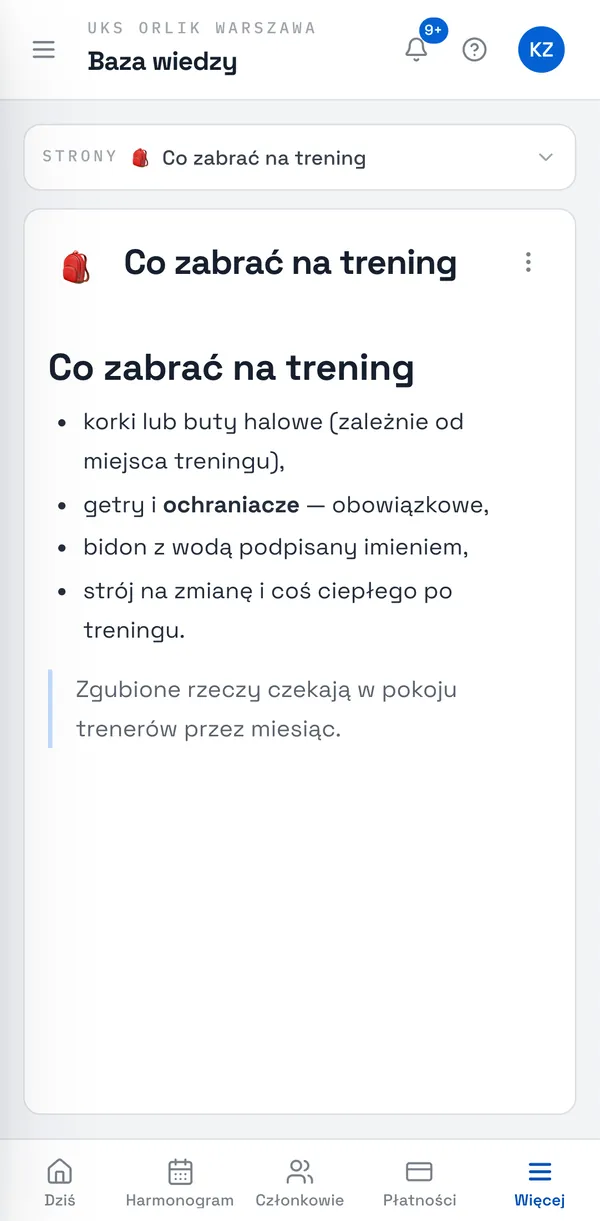 Zrzut ekranu Sport Match: Po lewej jest spis Strony. Strzałka przy stronie rozwija jej podstrony. Kliknij tytuł, żeby otworzyć stronę — z tekstem, tabelami, zdjęciami i filmami.