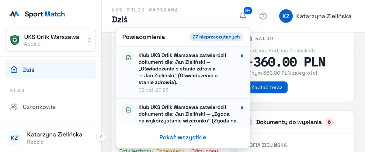 Zrzut ekranu Sport Match: Kliknij dzwonek u góry ekranu. Liczba na nim to nieprzeczytane powiadomienia; lista pokazuje najnowsze. Kliknięte powiadomienie otwiera stronę, której dotyczy.