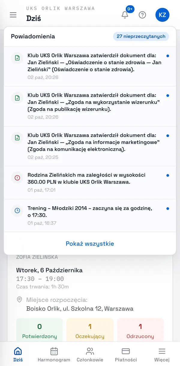 Zrzut ekranu Sport Match: Kliknij dzwonek u góry ekranu. Liczba na nim to nieprzeczytane powiadomienia; lista pokazuje najnowsze. Kliknięte powiadomienie otwiera stronę, której dotyczy.