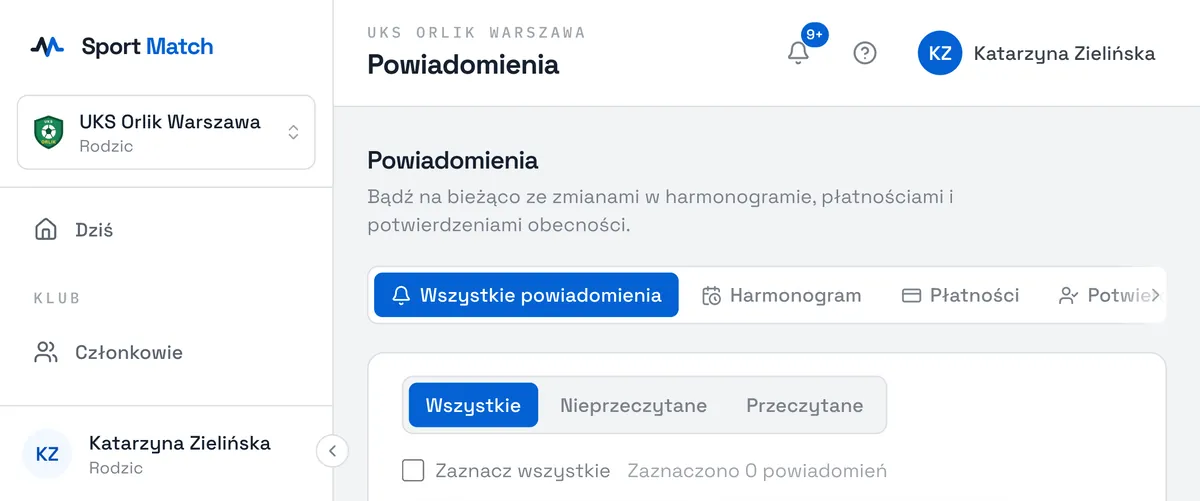 Zrzut ekranu Sport Match: Wybierz Pokaż wszystkie, żeby otworzyć stronę Powiadomienia. Karty u góry filtrują według tematu (Harmonogram, Płatności, Potwierdzenia, Dokumenty), a przełącznik Wszystkie / Nieprzeczytane / Przeczytane — według stanu.