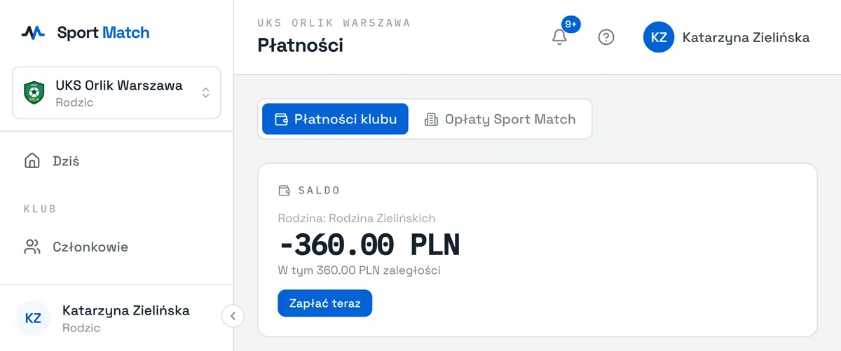 Zrzut ekranu Sport Match: Płatności rodzica: wspólne saldo rodziny i opłaty każdego dziecka.